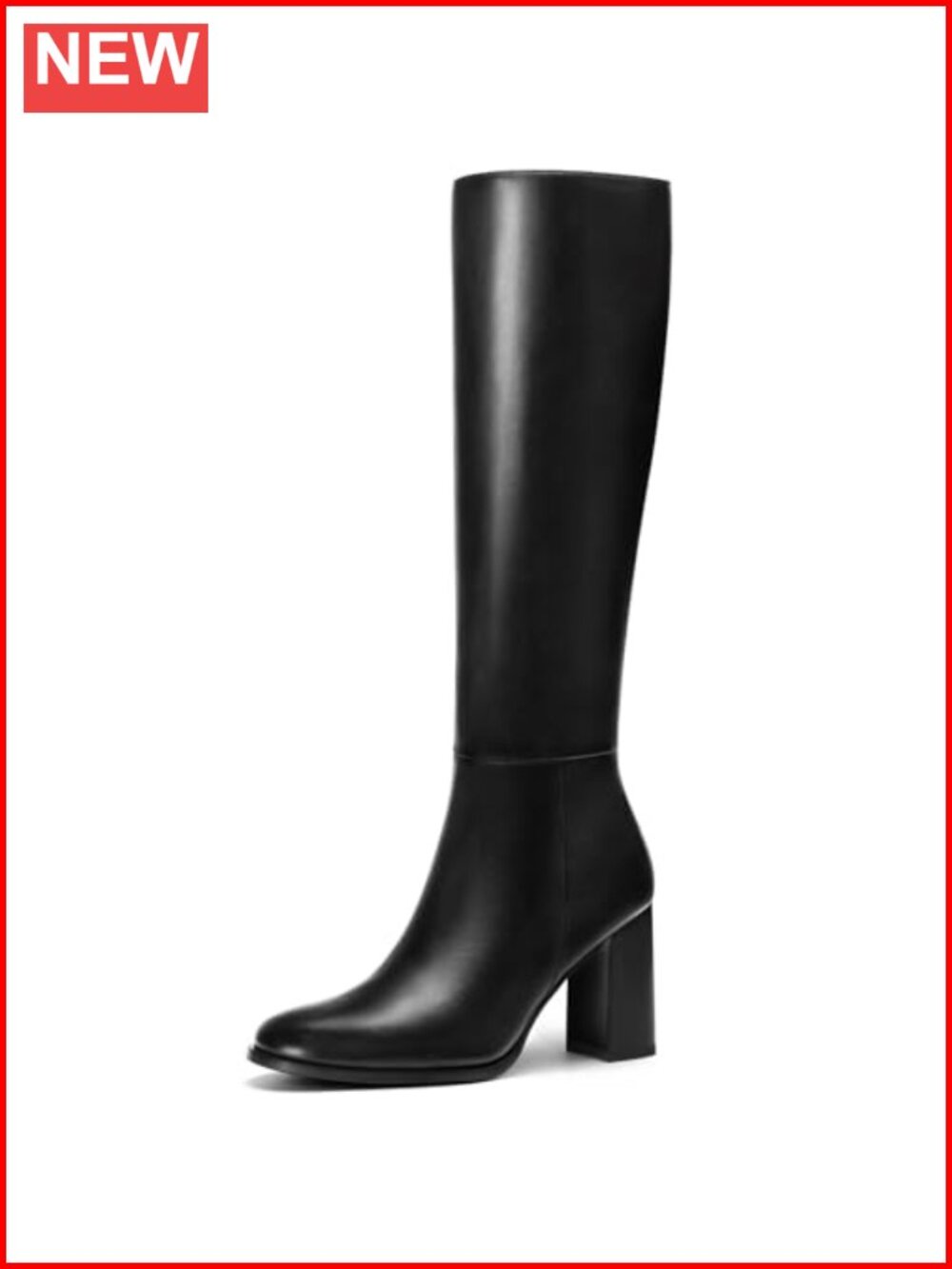 Faux Leather Knee High Boots Round Toe Chunky Heel Side Zip